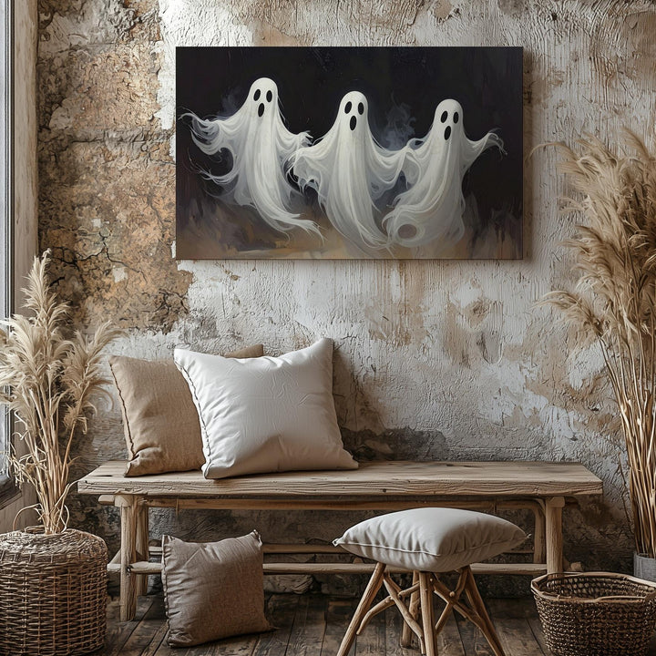 Floating Ghost Trio Canvas – Playful Halloween Spirits in Motion - Gifitto