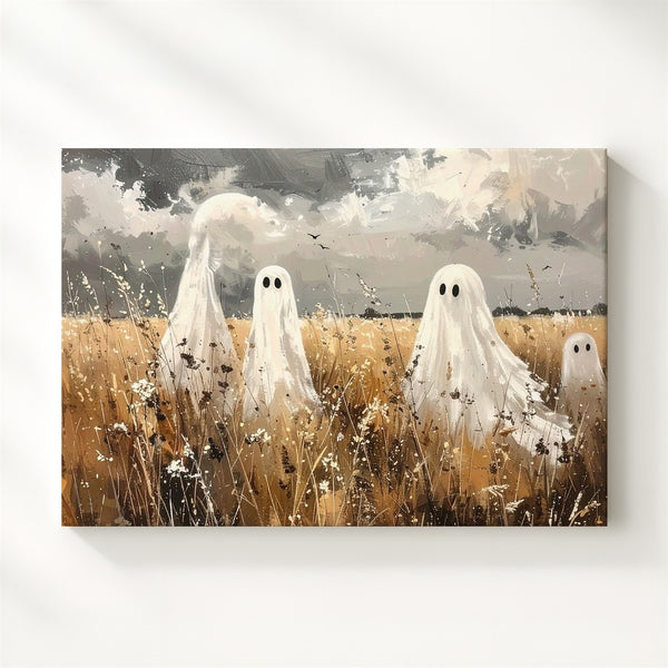 Sepia Ghosts in Wheat Field Canvas – Vintage Autumn Halloween Etching Art - Gifitto