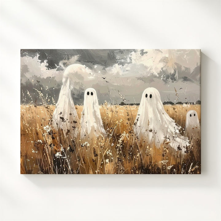 Sepia Ghosts in Wheat Field Canvas – Vintage Autumn Halloween Etching Art - Gifitto