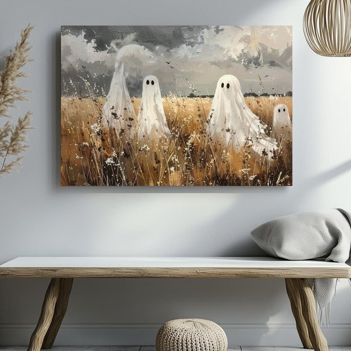 Sepia Ghosts in Wheat Field Canvas – Vintage Autumn Halloween Etching Art - Gifitto