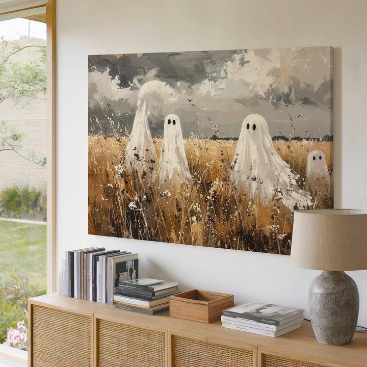 Sepia Ghosts in Wheat Field Canvas – Vintage Autumn Halloween Etching Art - Gifitto