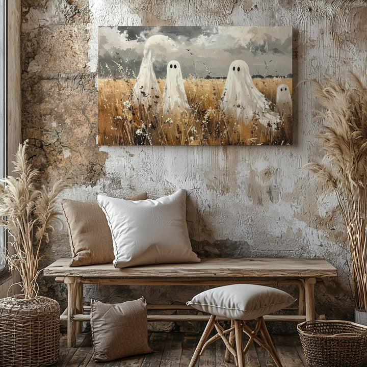 Sepia Ghosts in Wheat Field Canvas – Vintage Autumn Halloween Etching Art - Gifitto
