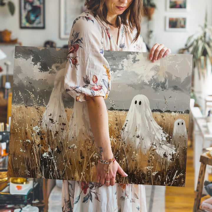 Sepia Ghosts in Wheat Field Canvas – Vintage Autumn Halloween Etching Art - Gifitto