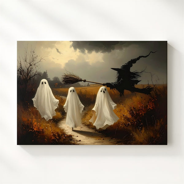 Countryside Ghost Walk Canvas – Autumn Halloween Scene with Rustic Charm - Gifitto