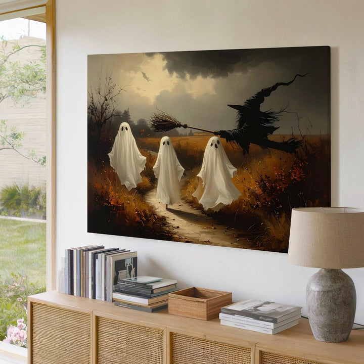 Countryside Ghost Walk Canvas – Autumn Halloween Scene with Rustic Charm - Gifitto