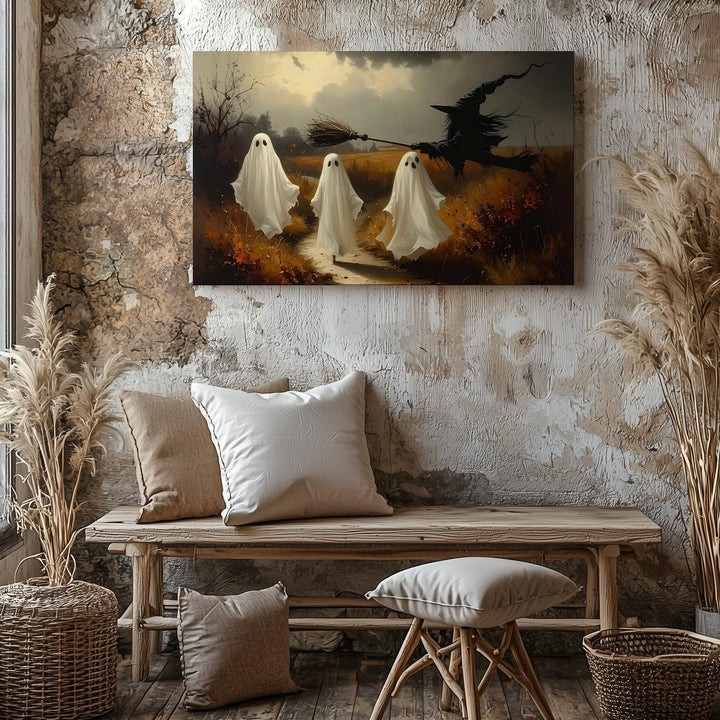 Countryside Ghost Walk Canvas – Autumn Halloween Scene with Rustic Charm - Gifitto