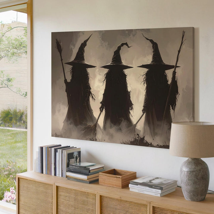 Witch Coven in Fog Canvas – Minimalist Haunted Ritual Wall Art - Gifitto