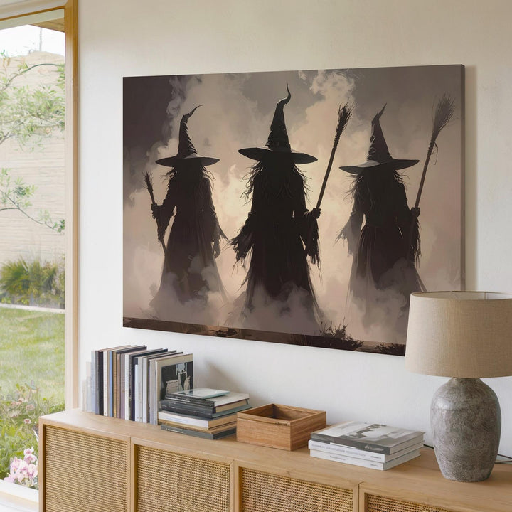 Witch Coven in Fog Canvas – Silhouetted Ritual Scene in Moonlit Shadows - Gifitto