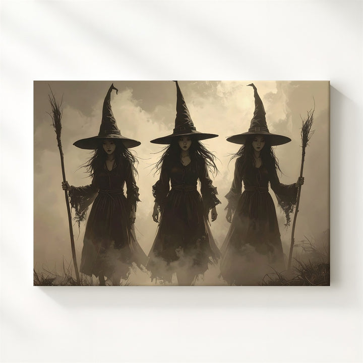 Three Witches in Mist Canvas – Sepia-Toned Halloween Ritual Wall Art - Gifitto