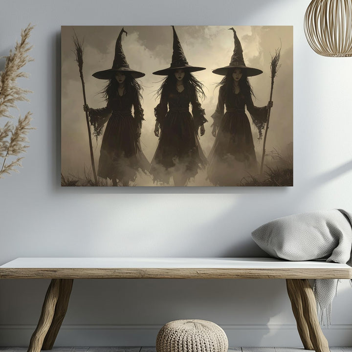Three Witches in Mist Canvas – Sepia-Toned Halloween Ritual Wall Art - Gifitto