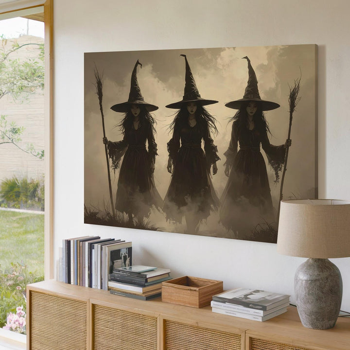 Three Witches in Mist Canvas – Sepia-Toned Halloween Ritual Wall Art - Gifitto