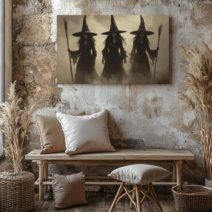 Three Witches in Mist Canvas – Sepia-Toned Halloween Ritual Wall Art - Gifitto