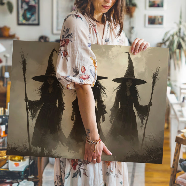 Three Witches in Mist Canvas – Sepia-Toned Halloween Ritual Wall Art - Gifitto