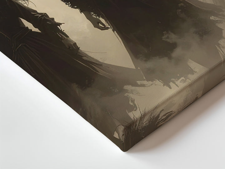 Three Witches in Mist Canvas – Sepia-Toned Halloween Ritual Wall Art - Gifitto