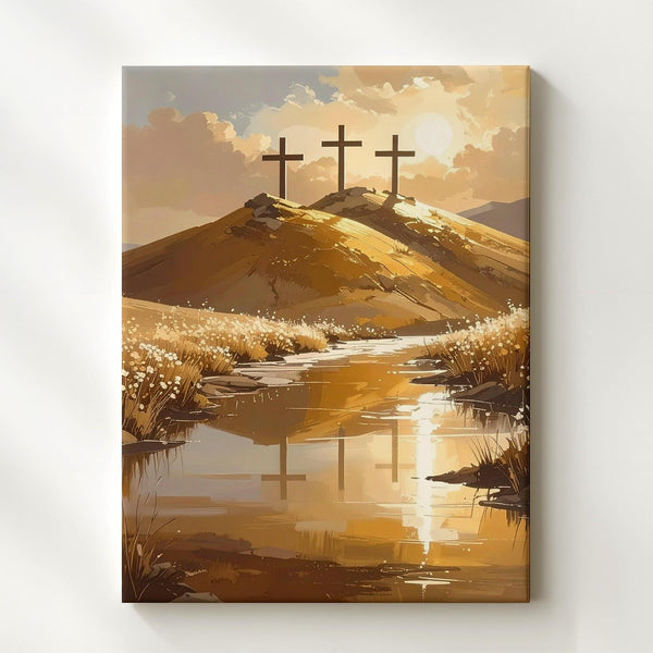 Three Crosses on Golden Hill Canvas – Calvary Scene in Warm Light - Gifitto
