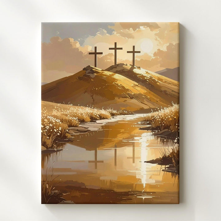 Three Crosses on Golden Hill Canvas – Calvary Scene in Warm Light - Gifitto