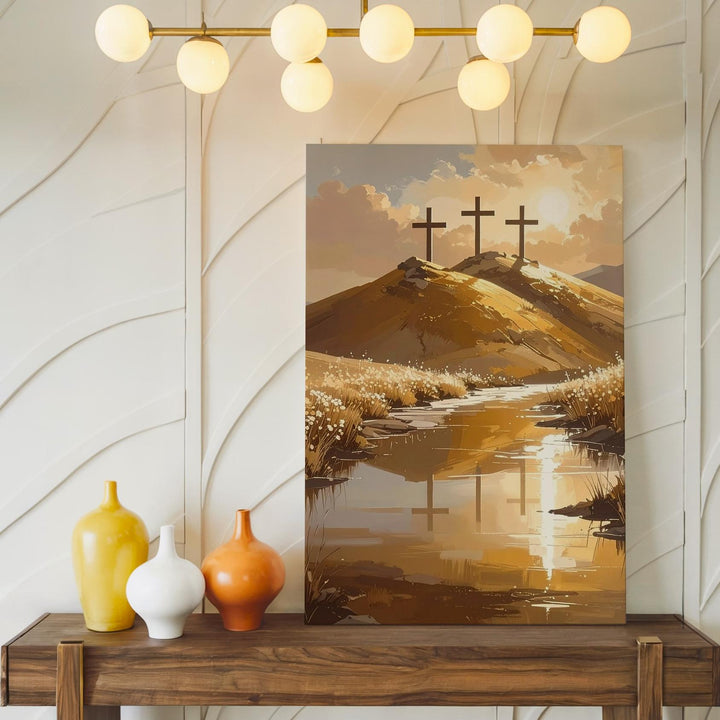 Three Crosses on Golden Hill Canvas – Calvary Scene in Warm Light - Gifitto