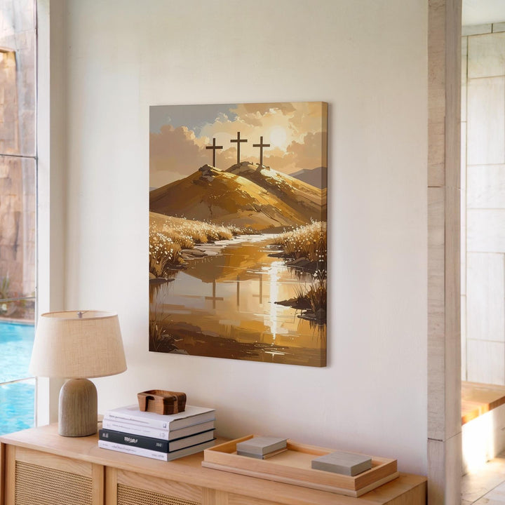 Three Crosses on Golden Hill Canvas – Calvary Scene in Warm Light - Gifitto
