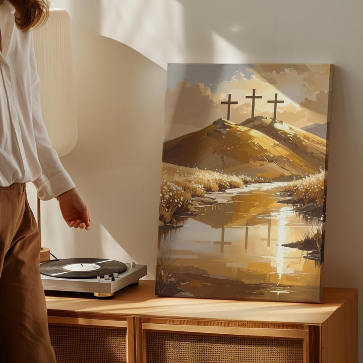Three Crosses on Golden Hill Canvas – Calvary Scene in Warm Light - Gifitto