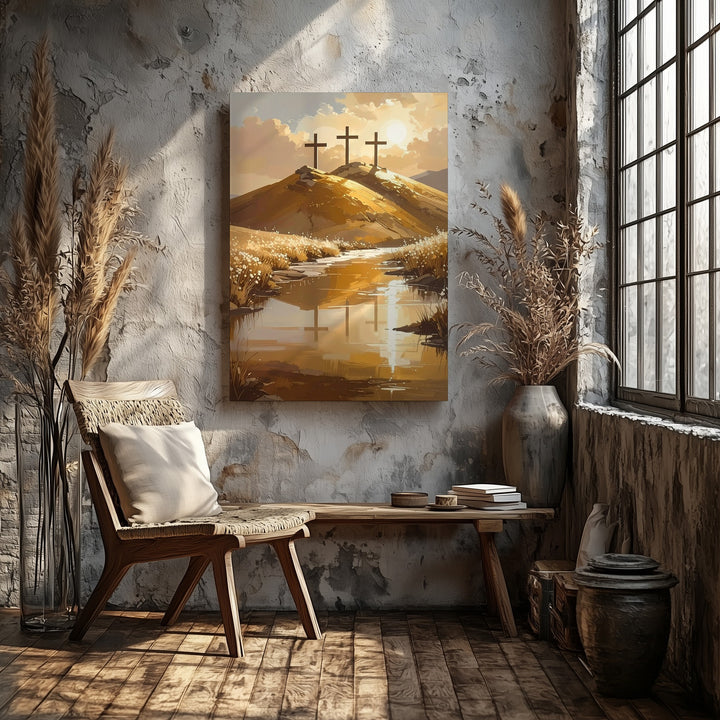 Three Crosses on Golden Hill Canvas – Calvary Scene in Warm Light - Gifitto