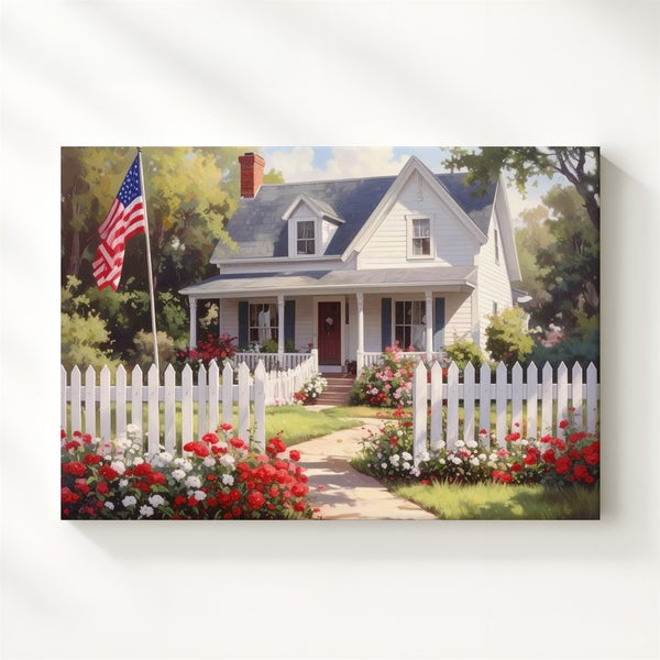 Classic Americana Home Canvas – White Fence, U.S. Flag & Vintage Summer Charm - Gifitto