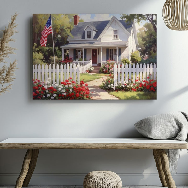 Classic Americana Home Canvas – White Fence, U.S. Flag & Vintage Summer Charm - Gifitto