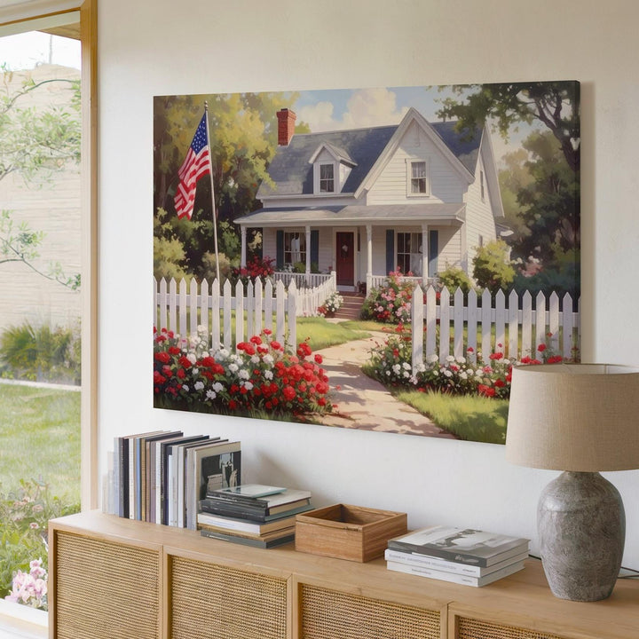 Classic Americana Home Canvas – White Fence, U.S. Flag & Vintage Summer Charm - Gifitto
