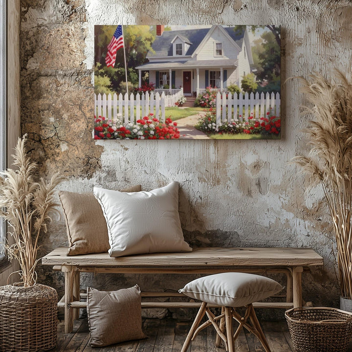 Classic Americana Home Canvas – White Fence, U.S. Flag & Vintage Summer Charm - Gifitto