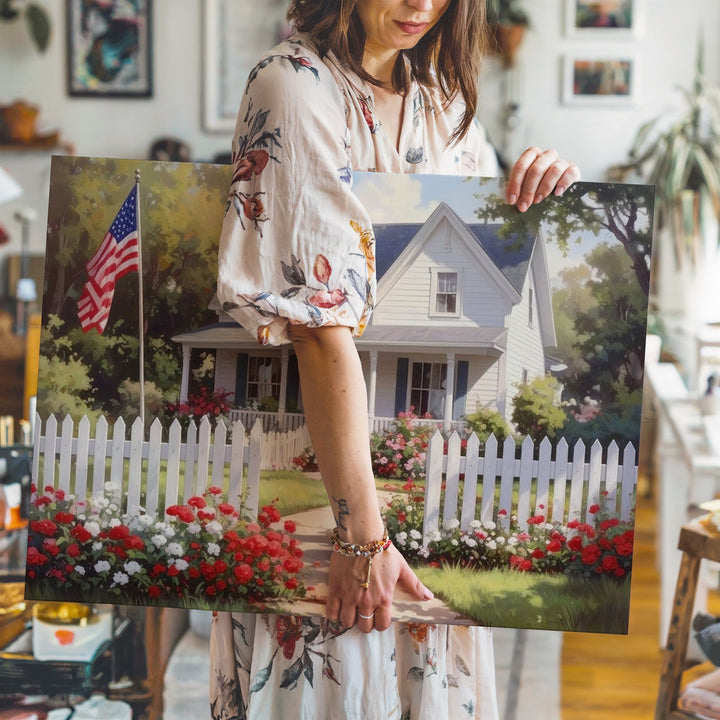 Classic Americana Home Canvas – White Fence, U.S. Flag & Vintage Summer Charm - Gifitto