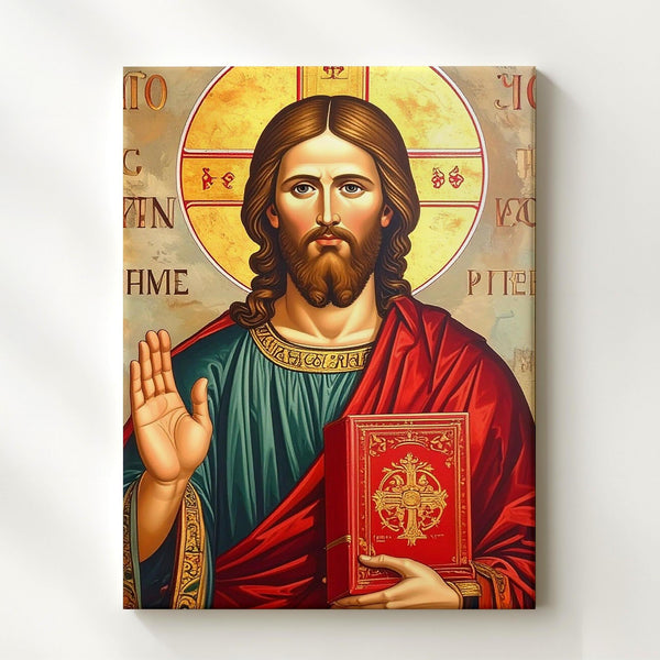 Byzantine Icon of Jesus Canvas – Red Gospel Book & Golden Halo Blessing - Gifitto