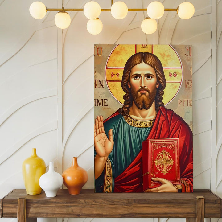 Byzantine Icon of Jesus Canvas – Red Gospel Book & Golden Halo Blessing - Gifitto