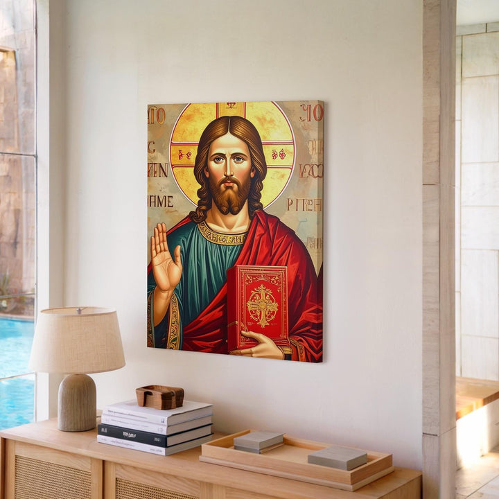 Byzantine Icon of Jesus Canvas – Red Gospel Book & Golden Halo Blessing - Gifitto