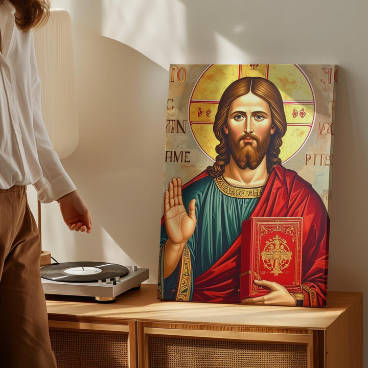 Byzantine Icon of Jesus Canvas – Red Gospel Book & Golden Halo Blessing - Gifitto
