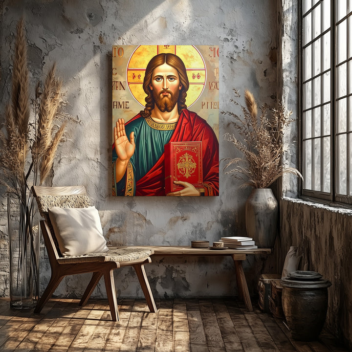 Byzantine Icon of Jesus Canvas – Red Gospel Book & Golden Halo Blessing - Gifitto