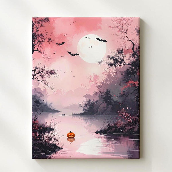 Tranquil Pink River Canvas – Full Moon & Floating Jack-o’-Lantern Art - Gifitto