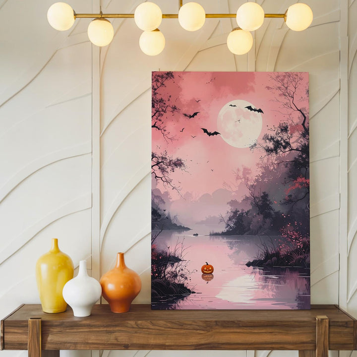 Tranquil Pink River Canvas – Full Moon & Floating Jack-o’-Lantern Art - Gifitto