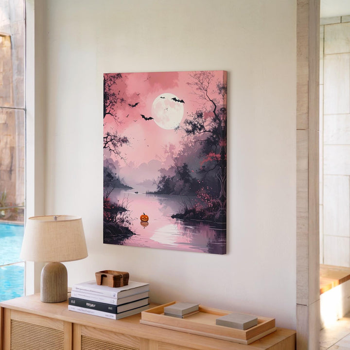 Tranquil Pink River Canvas – Full Moon & Floating Jack-o’-Lantern Art - Gifitto