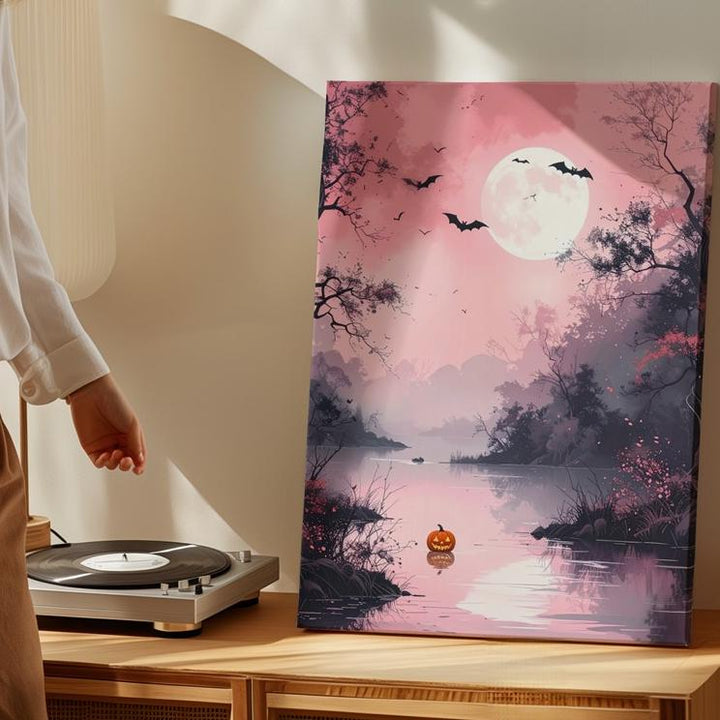 Tranquil Pink River Canvas – Full Moon & Floating Jack-o’-Lantern Art - Gifitto