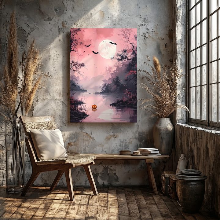 Tranquil Pink River Canvas – Full Moon & Floating Jack-o’-Lantern Art - Gifitto