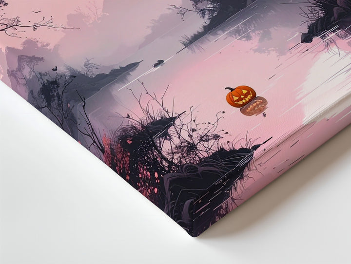 Tranquil Pink River Canvas – Full Moon & Floating Jack-o’-Lantern Art - Gifitto
