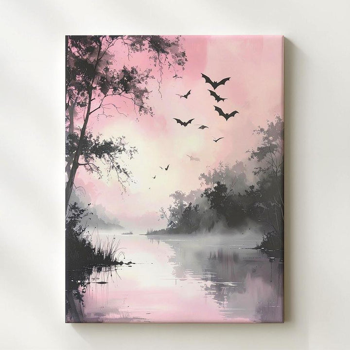 Tranquil Water & Bats Canvas – Pastel Pink Misty Halloween Art - Gifitto