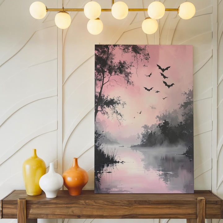 Tranquil Water & Bats Canvas – Pastel Pink Misty Halloween Art - Gifitto