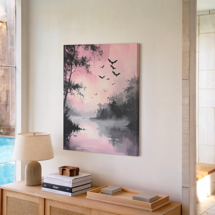 Tranquil Water & Bats Canvas – Pastel Pink Misty Halloween Art - Gifitto