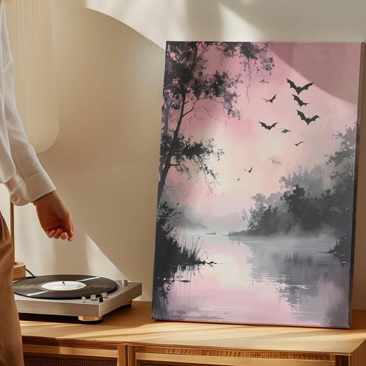 Tranquil Water & Bats Canvas – Pastel Pink Misty Halloween Art - Gifitto