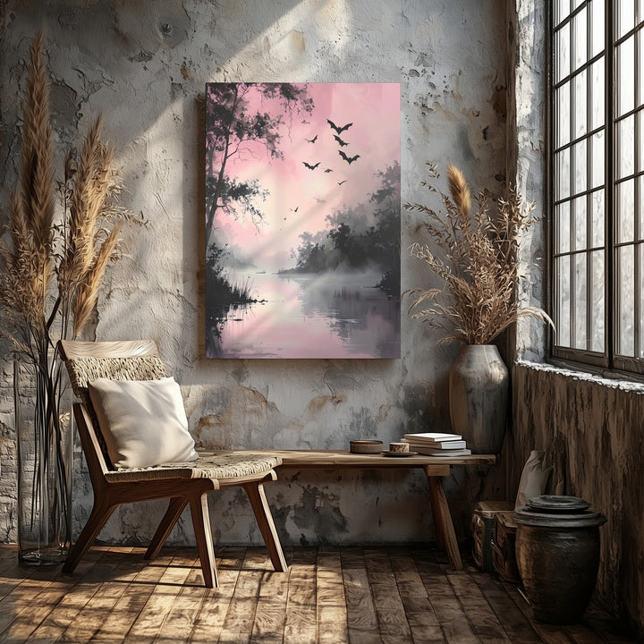 Tranquil Water & Bats Canvas – Pastel Pink Misty Halloween Art - Gifitto