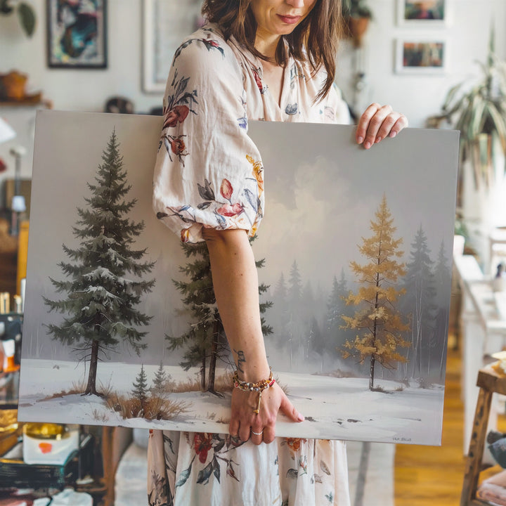 Trio of Winter Trees Canvas – Serene Snowy Forest Landscape Art - Gifitto