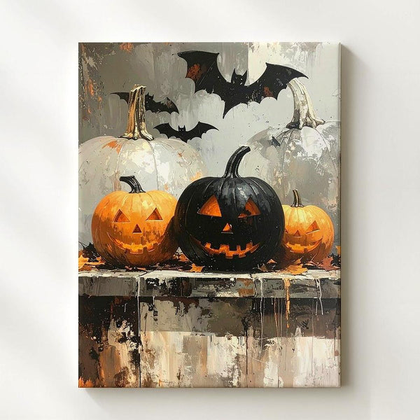 Shadowed Pumpkin Trio Canvas – Moody Halloween Rustic Wall Decor - Gifitto
