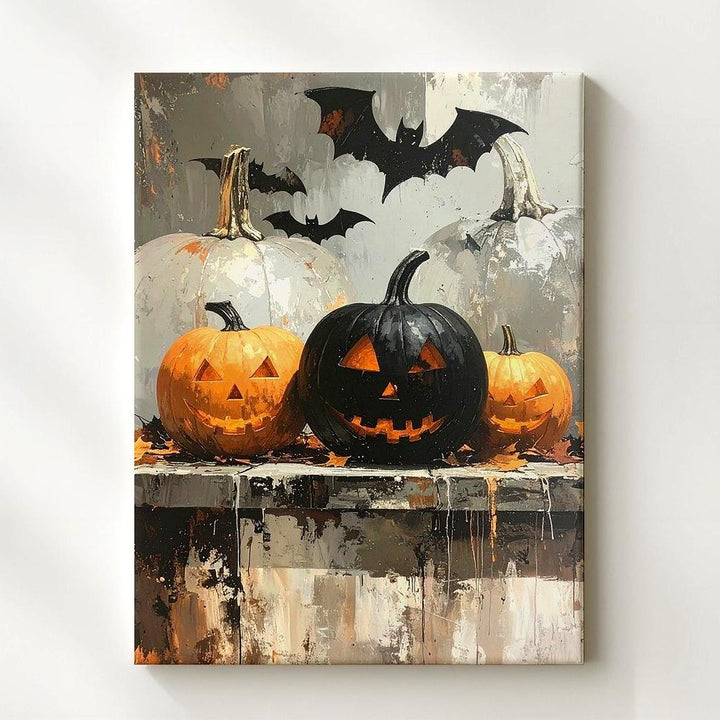 Shadowed Pumpkin Trio Canvas – Moody Halloween Rustic Wall Decor - Gifitto