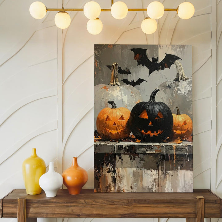 Shadowed Pumpkin Trio Canvas – Moody Halloween Rustic Wall Decor - Gifitto