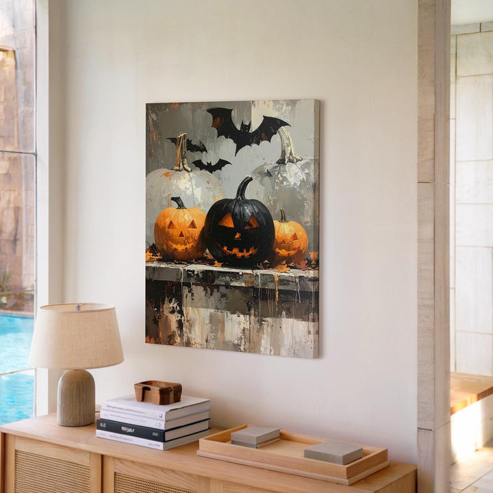 Shadowed Pumpkin Trio Canvas – Moody Halloween Rustic Wall Decor - Gifitto